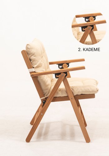 NORDVRK MYL04 hagestol, m. armlen med 4 pos., sammenleggbar - kremfarget pute og naturlig bketre