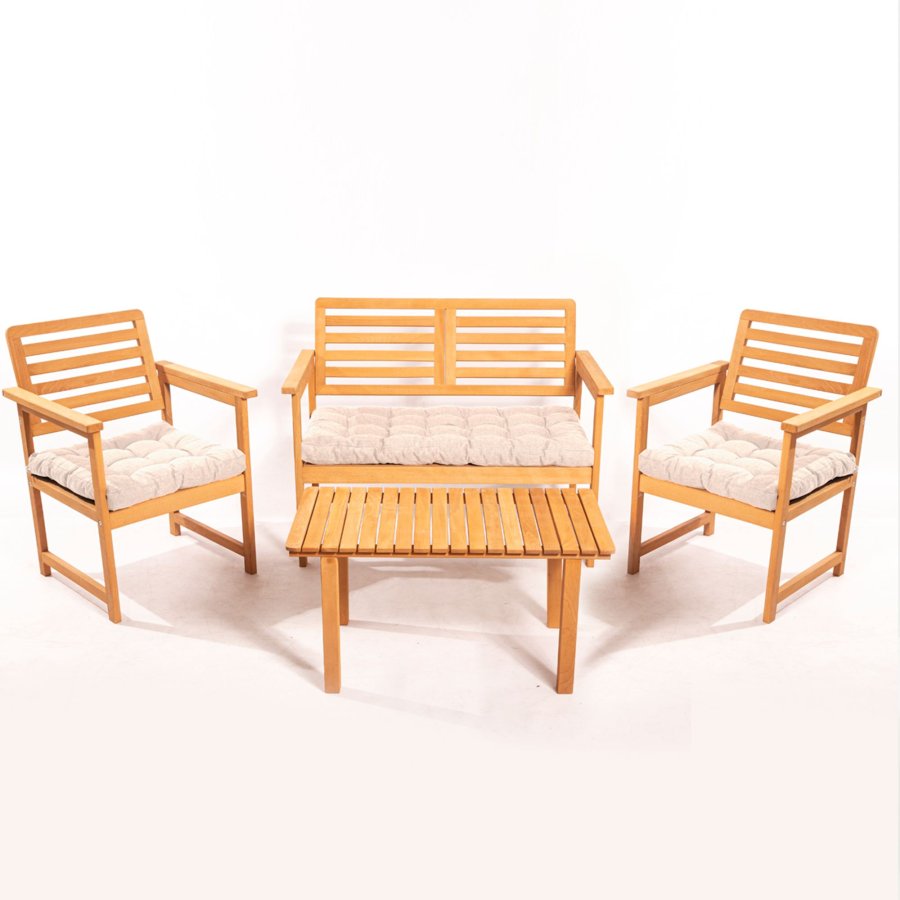 NORDVRK MYT01 utendrs salongsett, m. 2 stoler, 1 sofa, 1 bord og kremfargede puter - naturlig treverk