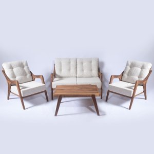 NORDVÄRK MYC01 udendrs loungest m. 1 bord, 1 sofa, 2 stole - creme hynder/brun valnddetr