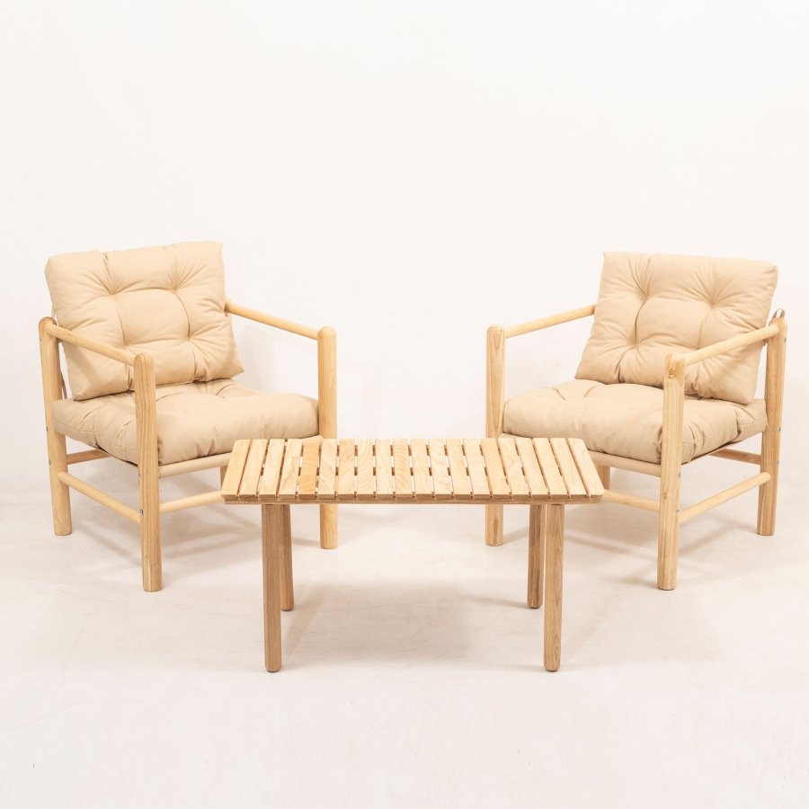 NORDVRK MYG02 - Kremfarget hagebord og stolsett (3 deler), Kremfarget