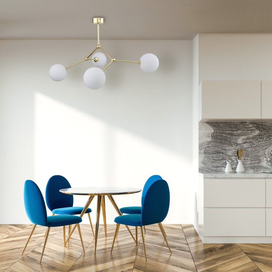 TK Fairy loftlampe, m. 4 skjermer - hvitt glass og gullmetall