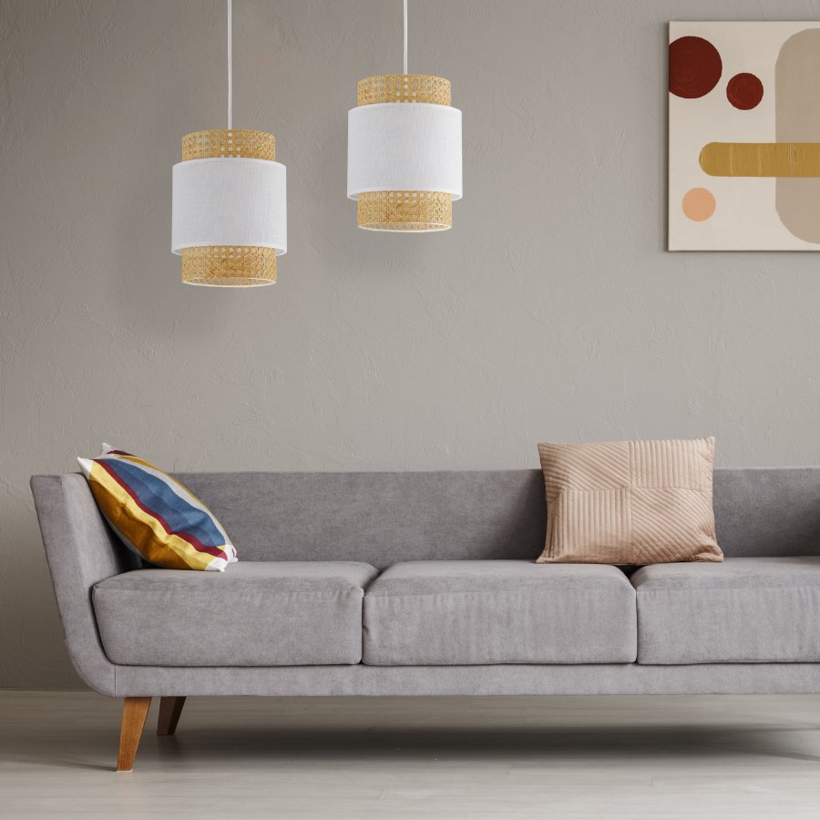 TK Boho taklampe - naturlig str og hvitt stoff