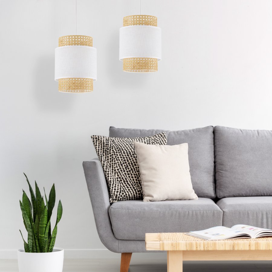 TK Boho taklampe - naturlig str og hvitt stoff