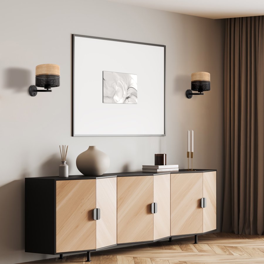 TK Nicol vegglampe - naturfiner og sort PVC folie/metall