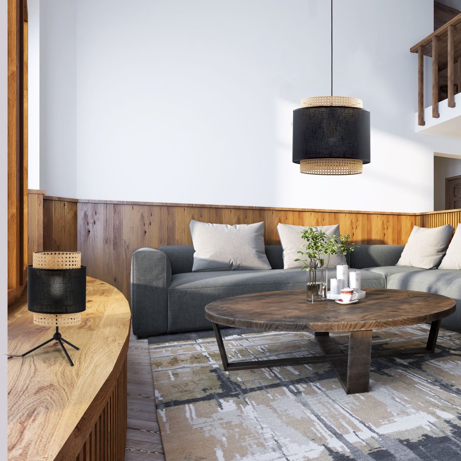 TK Boho loftlampe - natur rattan og sort stof