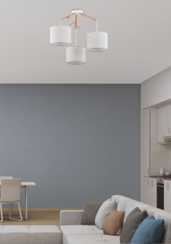 TK Albero loftlampe, m. 3 skjermer - beige lin, naturlig furu og hvitt stl