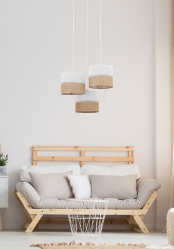 TK Linobianco loftlampe, m. 3 skrme - brun jute, hvid stof og hvid metal