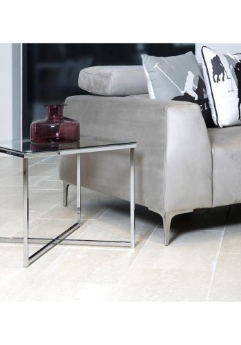 ACT NORDIC Cross hjrnebord, firkantet - klart glass og krommetall (50x50)