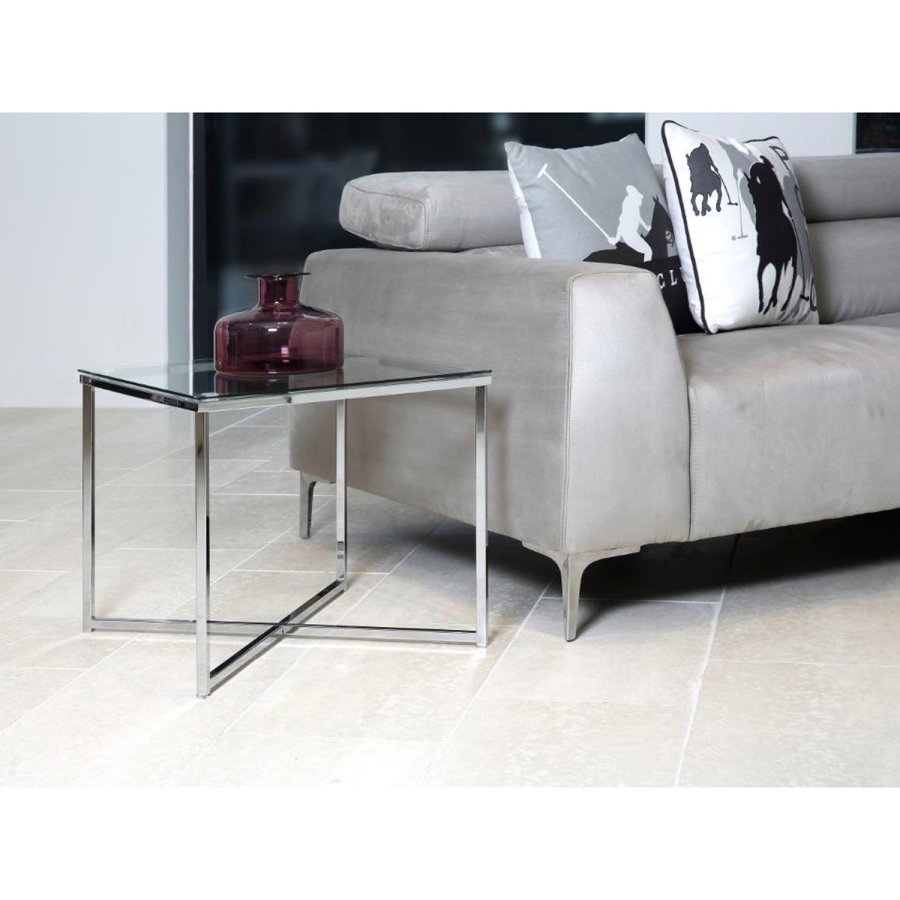 ACT NORDIC Cross hjrnebord, firkantet - klart glass og krommetall (50x50)