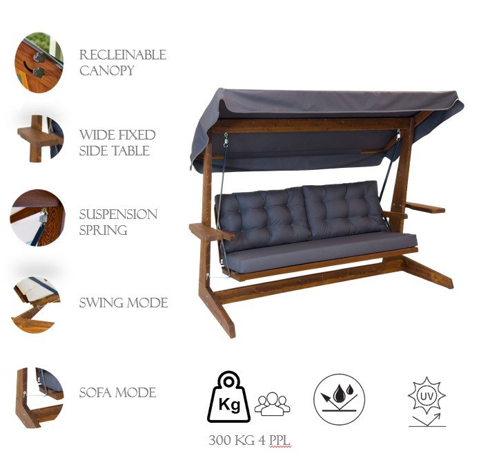 NORDVRK Viva 2400 utendrs trippelhengende sofa - antrasittgrtt polyesterstoff og grantre