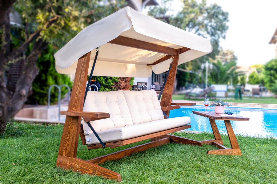 NORDVRK Viva 2400 utendrs trippel hengende sofa - beige polyesterstoff og grantre