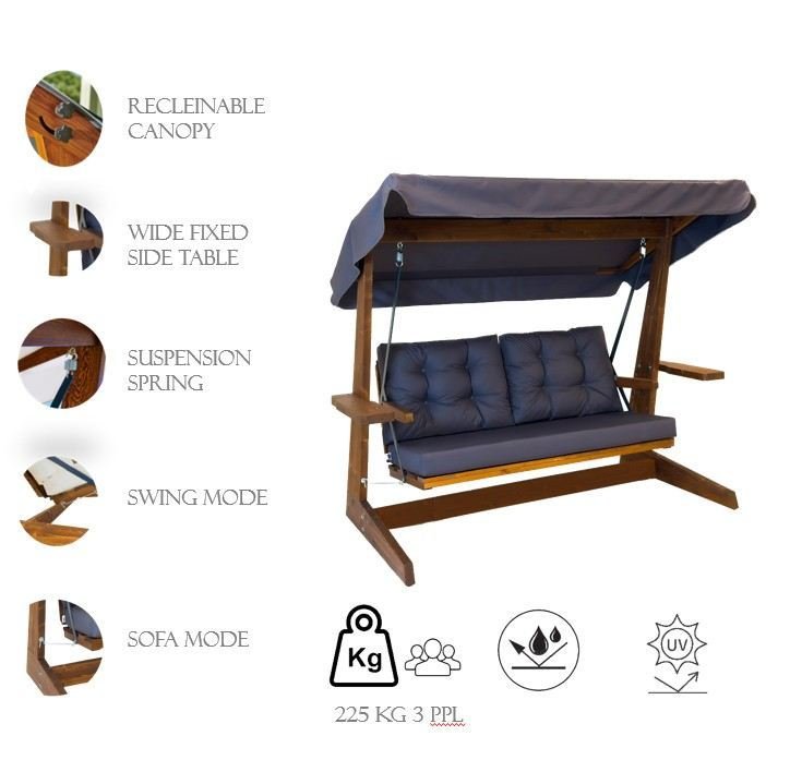 NORDVRK Viva 2200 utendrs trippelhengesofa - antrasittgrtt polyesterstoff og grantre