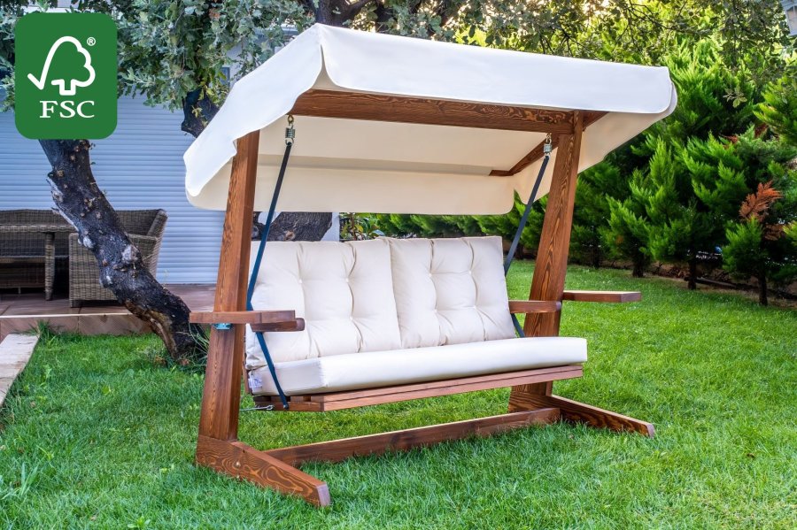 NORDVRK Viva 2200 utendrs trippel hengende sofa - beige polyesterstoff og grantre