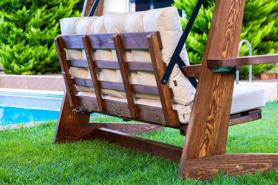 NORDVRK Viva 2200 utendrs trippel hengende sofa - beige polyesterstoff og grantre