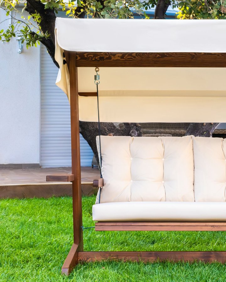 NORDVRK Viva 2200 utendrs trippel hengende sofa - beige polyesterstoff og grantre