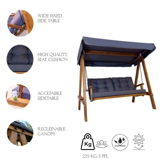 NORDVÄRK Pera 2000 utendrs dobbel hengesofa - antrasittgrtt polyesterstoff og grantre