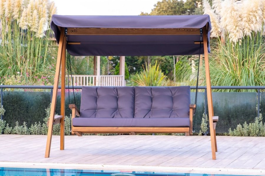 NORDVÄRK Pera 2000 utendrs dobbel hengesofa - antrasittgrtt polyesterstoff og grantre