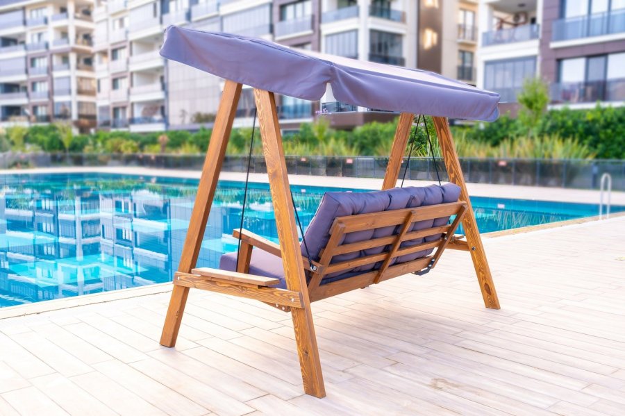 NORDVÄRK Pera 2000 utendrs dobbel hengesofa - antrasittgrtt polyesterstoff og grantre