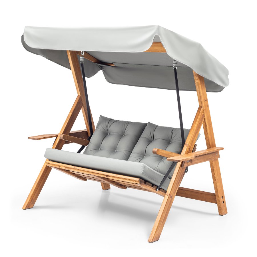 NORDVRK Galata Swing S2 utendrs dobbel hengesofa - grtt polyesterstoff og naturlig furu