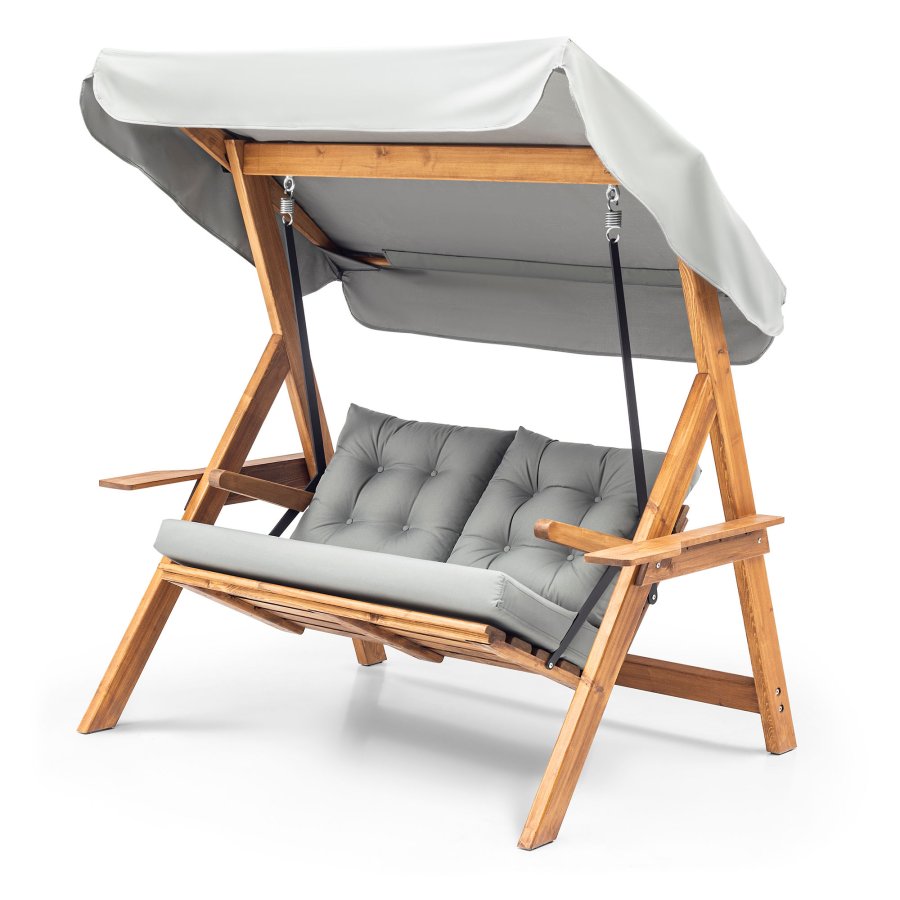 NORDVRK Galata Swing S2 utendrs dobbel hengesofa - grtt polyesterstoff og naturlig furu