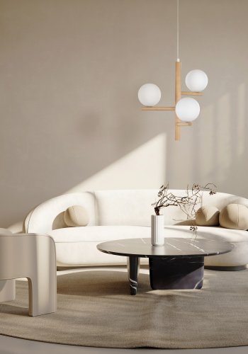 TK Ester taklampe, m. 3 skjermer - glass, naturlig tre og metall