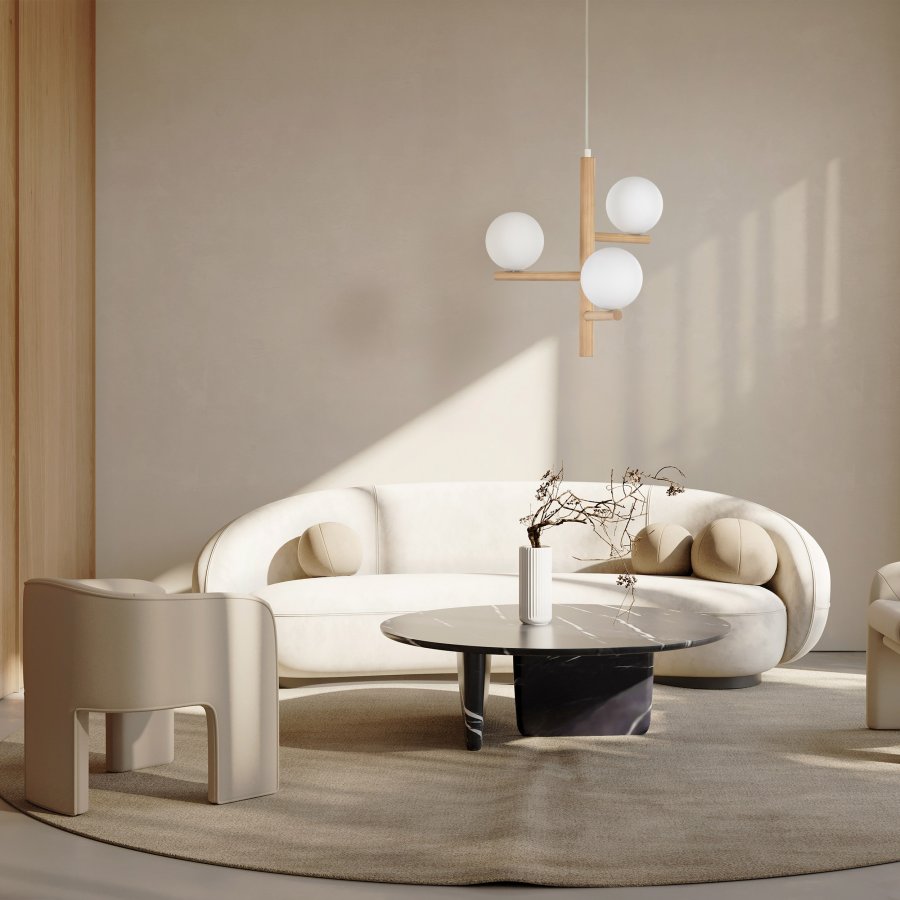 TK Ester taklampe, m. 3 skjermer - glass, naturlig tre og metall