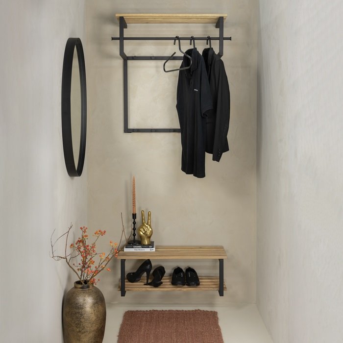 SPINDER DESIGN Rizzoli entropstilling, m. 10 knager, bjlestang og trhylde - sort stl og tr