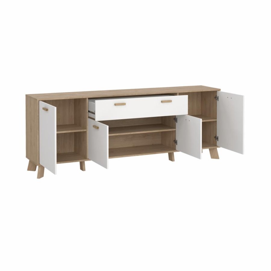 TVILUM Ikast Sideboard 4 Türen + 1 Schublade, Jackson Hickory/Weiß, 195,7 x 39,1 x 73 cm