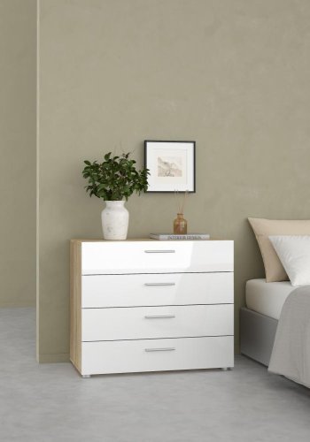 TVILUM Pepe Kommode - Eiche Struktur/Weiß Hochglanz, m. 4 Schubladen 