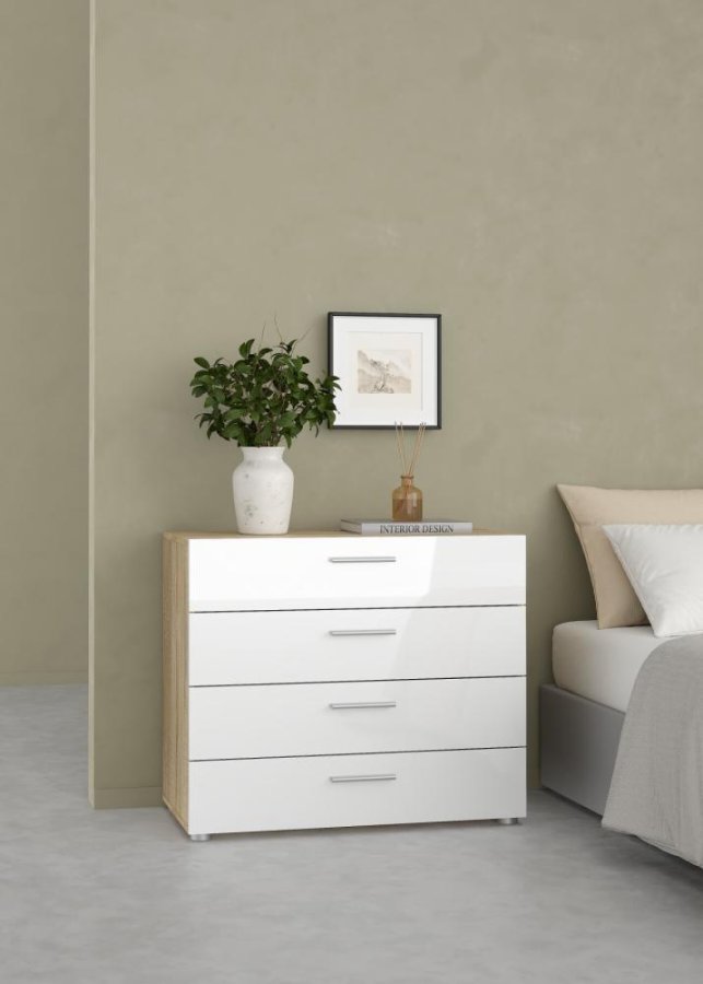 TVILUM Pepe Kommode - Eiche Struktur/Weiß Hochglanz, m. 4 Schubladen 