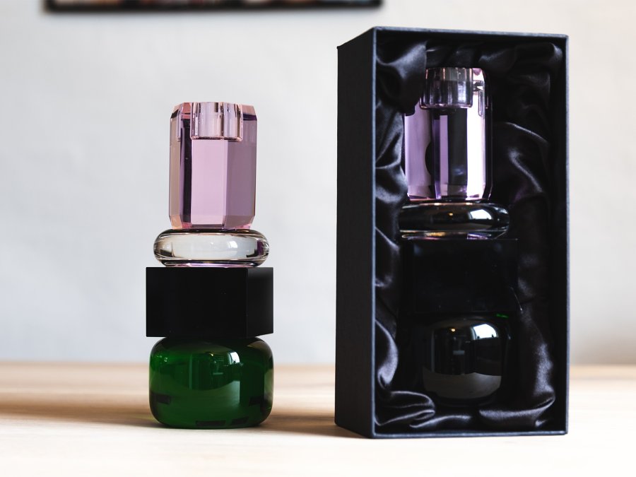 HOUSE OF SANDER Jasmin lysestake - grnt/svart/klart/rosa krystallglass