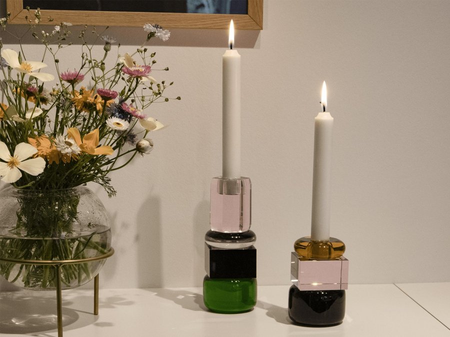 HOUSE OF SANDER Jasmin lysestake - grnt/svart/klart/rosa krystallglass