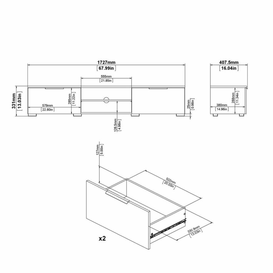 TVILUM Match TV-Tisch, mit 1 Regal und 2 Schubladen – schwarze Folie und Kunststoff (172,7 x 39,9)