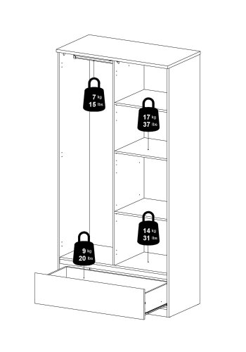 TVILUM Naia Kleiderschrank - weißes Hochglanzholz, mit 2 Türen und 1 Schublade
