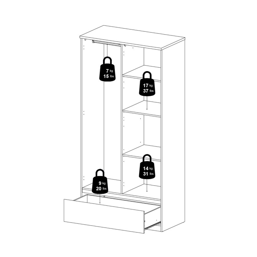 TVILUM Naia Kleiderschrank - weißes Hochglanzholz, mit 2 Türen und 1 Schublade