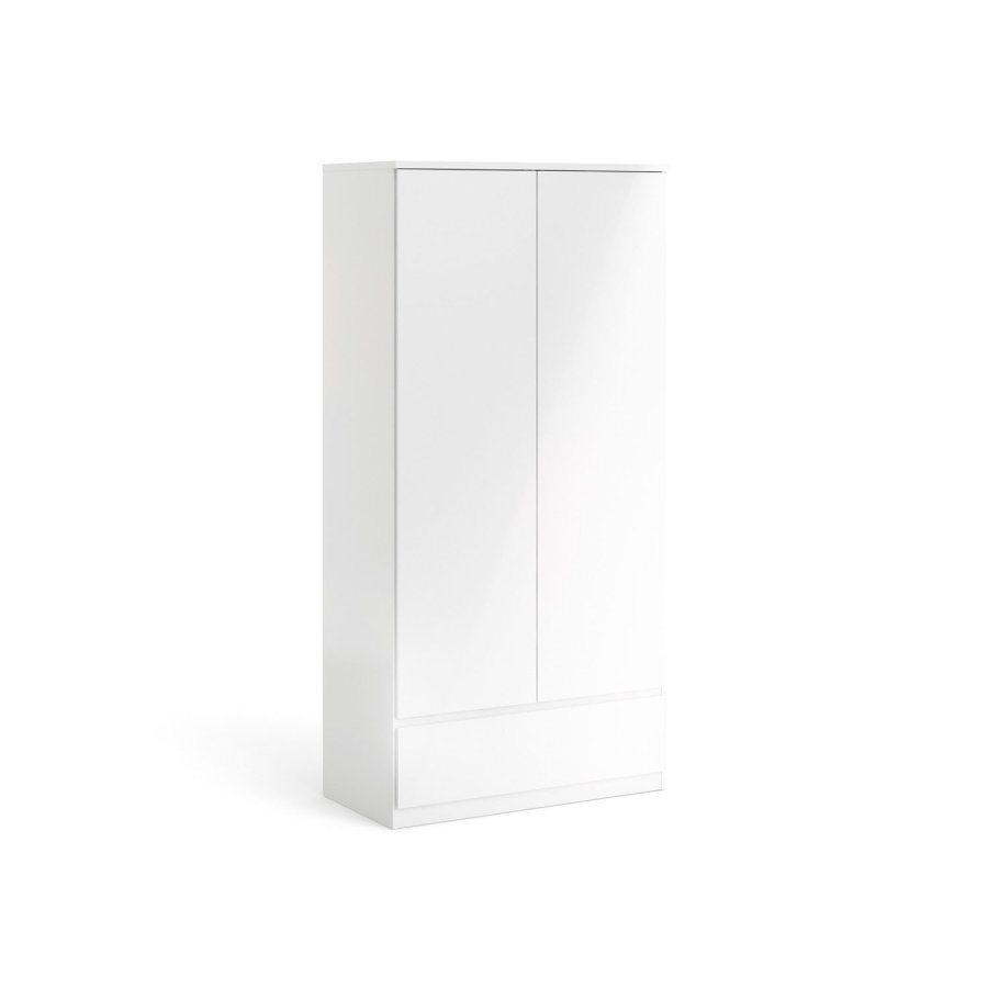 TVILUM Naia Kleiderschrank - weißes Hochglanzholz, mit 2 Türen und 1 Schublade