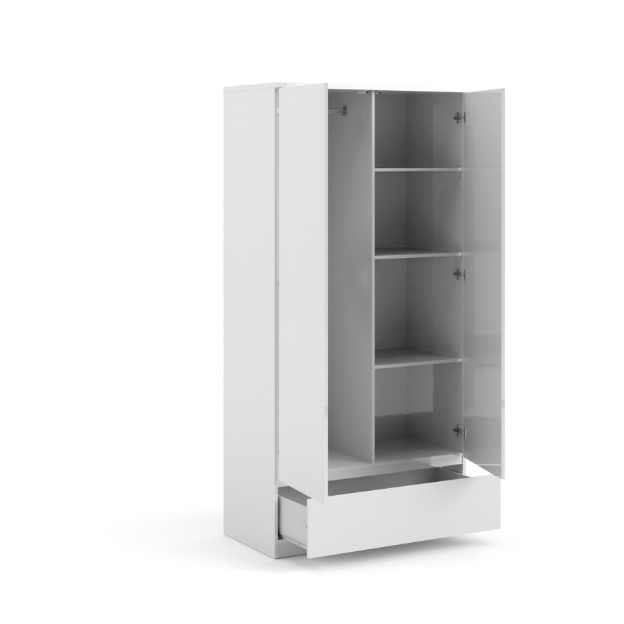 TVILUM Naia Kleiderschrank - weißes Hochglanzholz, mit 2 Türen und 1 Schublade