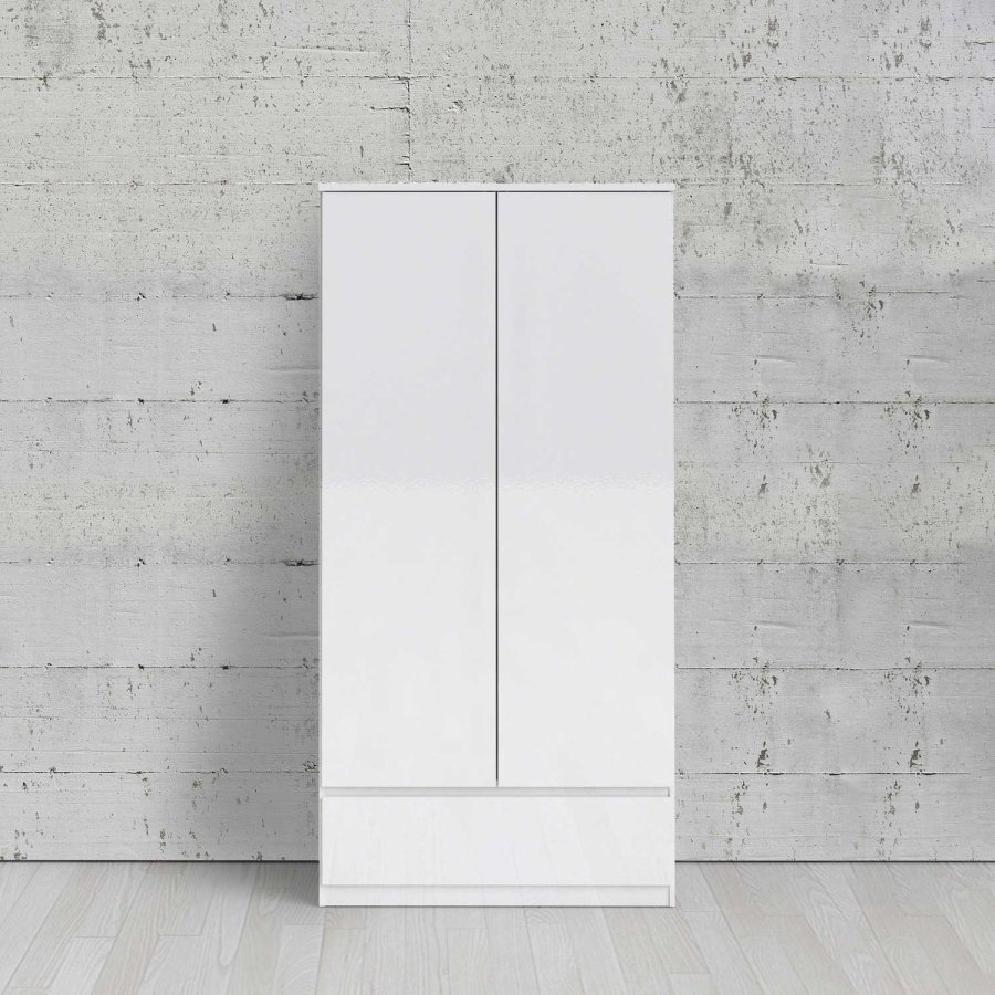 TVILUM Naia Kleiderschrank - weißes Hochglanzholz, mit 2 Türen und 1 Schublade