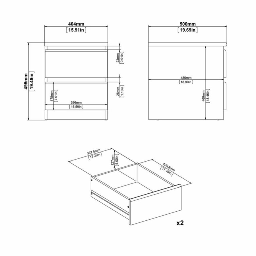TVILUM Naia Nachttisch, mit 2 Schubladen - weiße Spanplatte und Kunststoff (40,4x50)