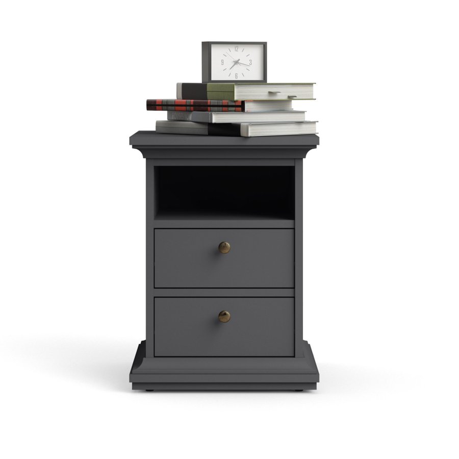 TVILUM Paris Nachttisch - graues Holz, mit 2 Schubladen und 1 Fach