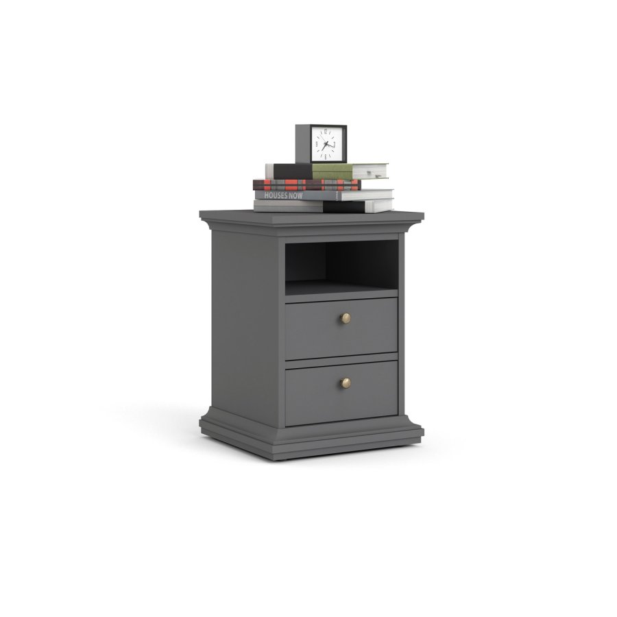 TVILUM Paris Nachttisch - graues Holz, mit 2 Schubladen und 1 Fach