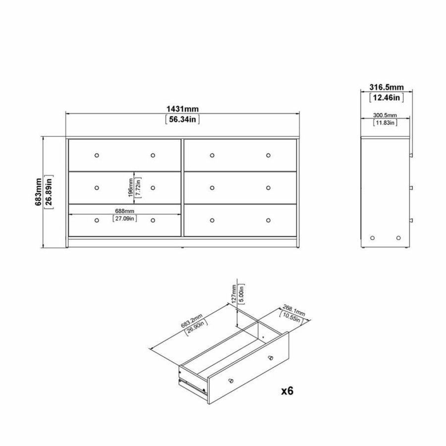 TVILUM May Doppelkommode mit 6 Schubladen - schwarze Folie und Kunststoff