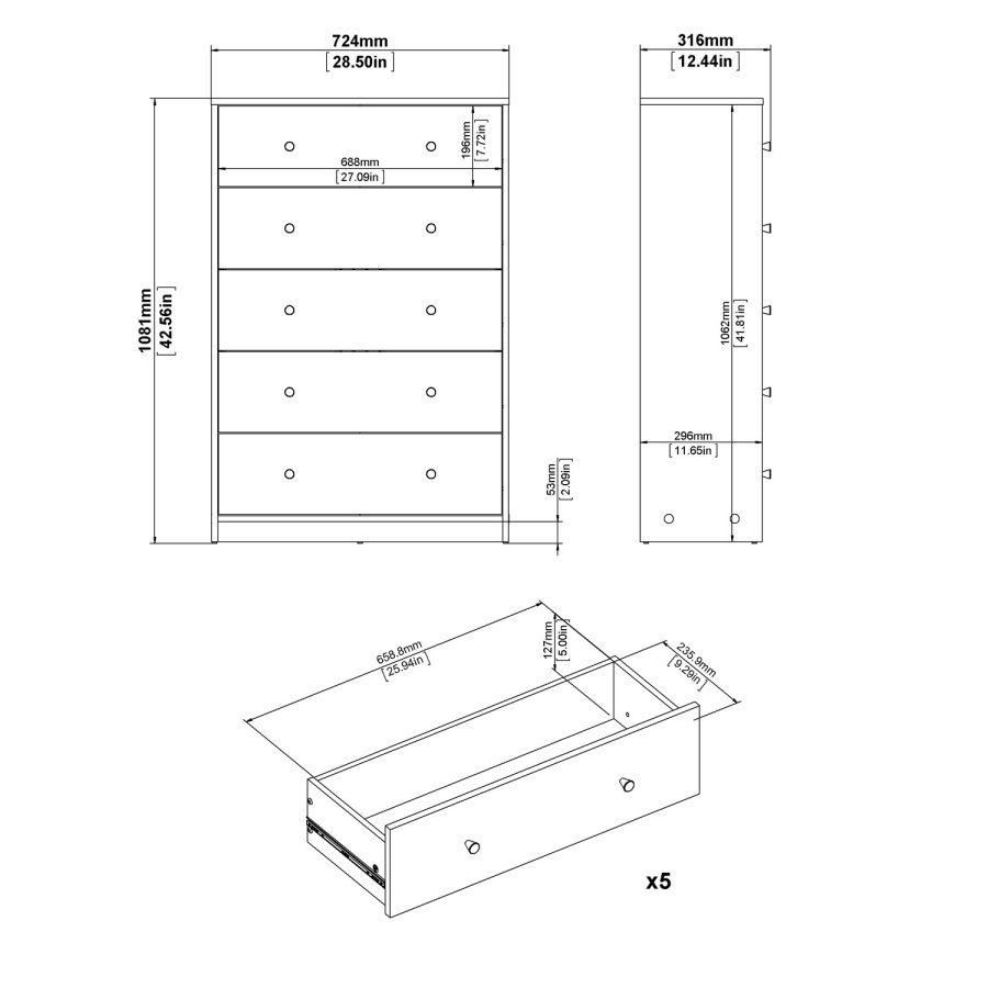 TVILUM May Kommode - weiß, mit 5 Schubladen