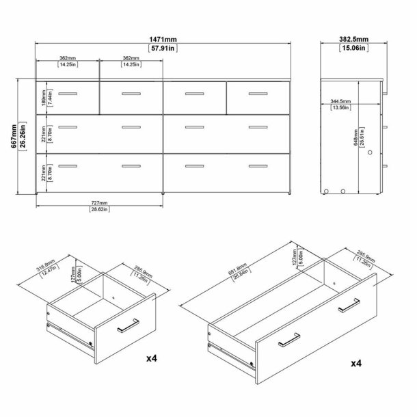 Space kommode, m. 8 skuffer hvid/ egetr�sfarvet folie