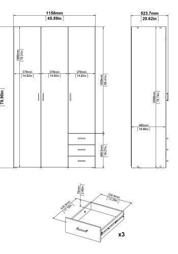 TVILUM Space garderobe - hvit hyglans tre, m. 3 drer og 3 skuffer