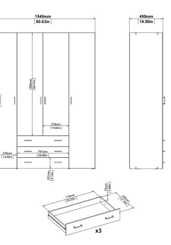 TVILUM Space garderobe - hvit/hvit hyglans, m. 4 drer og 3 skuffer