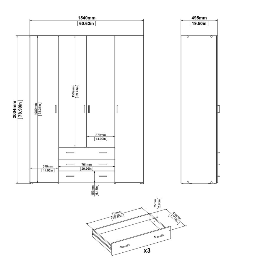 TVILUM Space garderobe - hvit/hvit hyglans, m. 4 drer og 3 skuffer