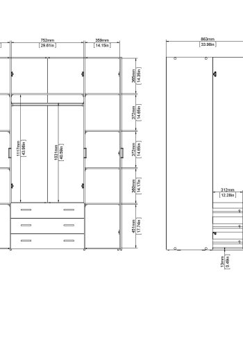 TVILUM Space garderobe - hvit/hvit hyglans, m. 4 drer og 3 skuffer