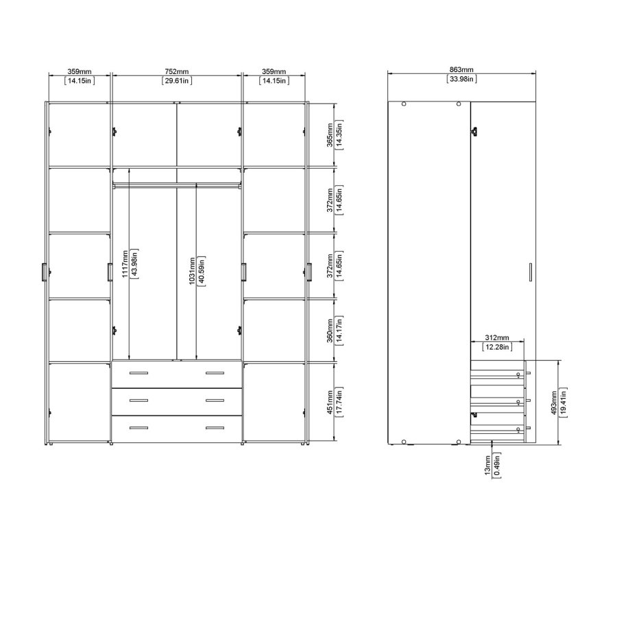 TVILUM Space garderobe - hvit/hvit hyglans, m. 4 drer og 3 skuffer