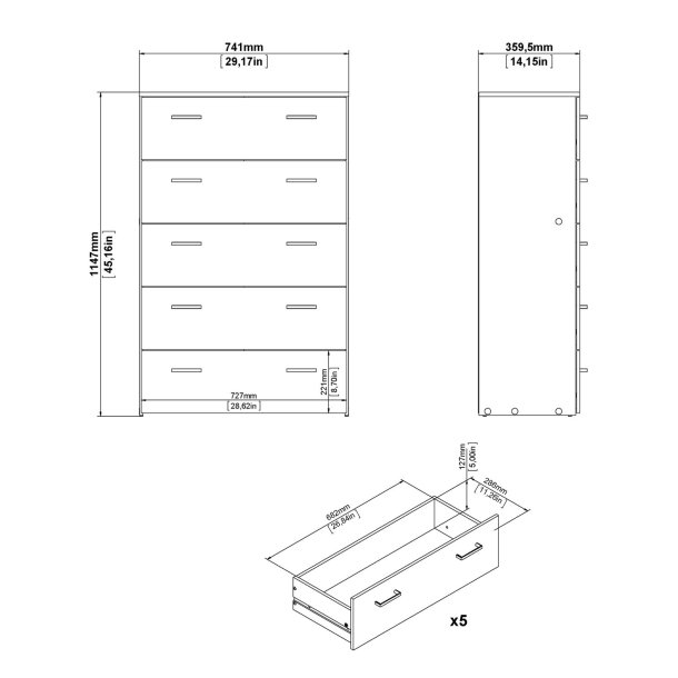 Space kommode - hvidt tr, m. 5 skuffer 
